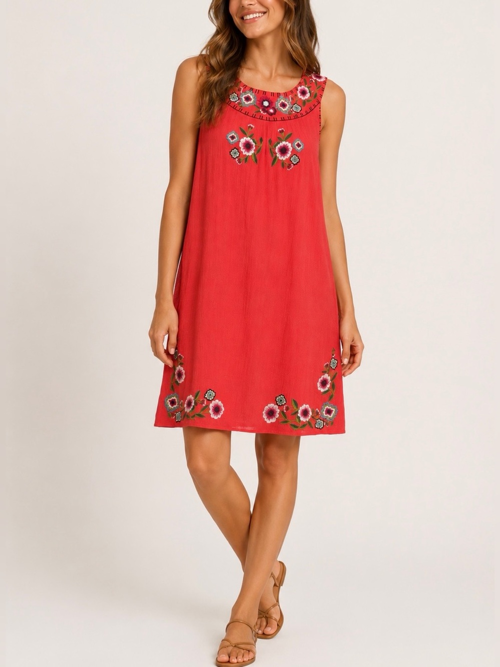 THML Anthropologie Embroidered Floral Shift Dress Coral Boho Cottagecore 
Small